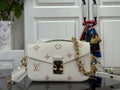 Louis Vuitton crossbody bag with flap, gold chain strap, light cream monogram pattern