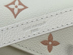 Louis Vuitton embossed logo on cream leather with cross-stitch trim and monogram marks