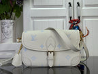 Louis Vuitton monogram shoulder bag with flap buckle and crossbody strap, cream/blue