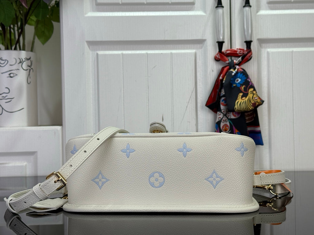 Louis Vuitton monogram crossbody bag with top flap and chain strap, cream/blue