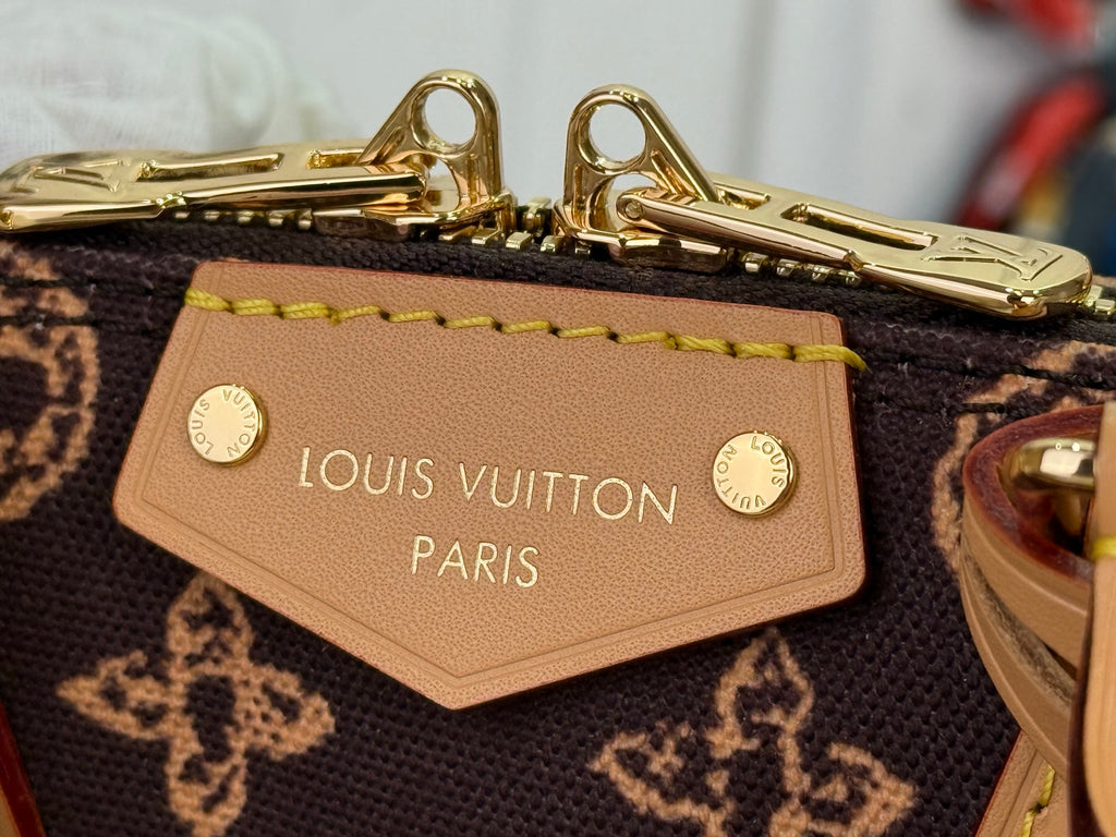 Tan leather interior logo patch reading LOUIS VUITTON PARIS on monogram fabric