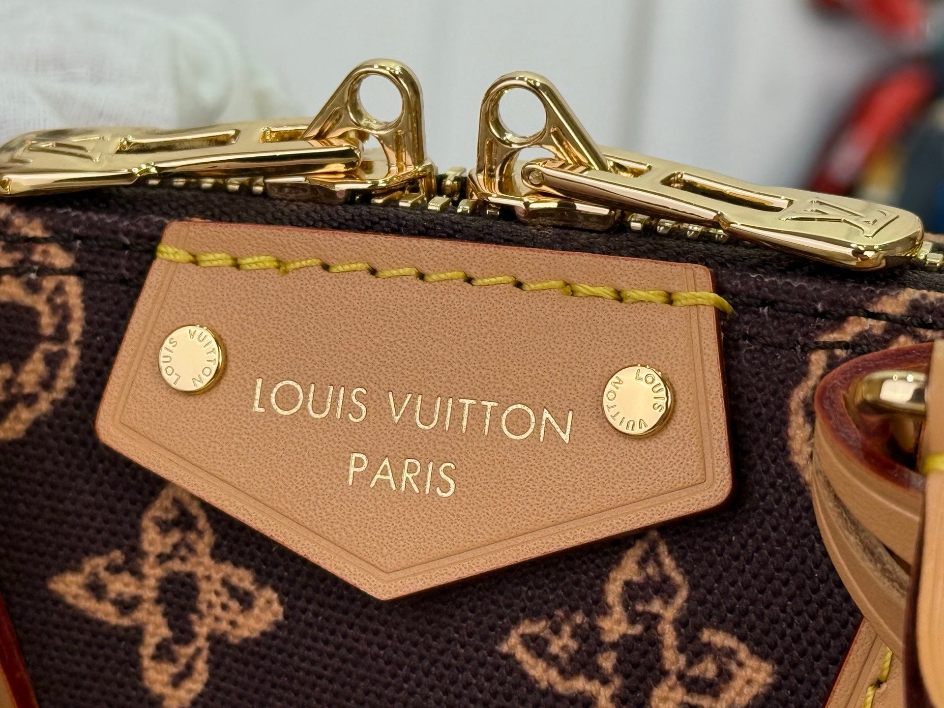 Tan leather interior logo patch reading LOUIS VUITTON PARIS on monogram fabric