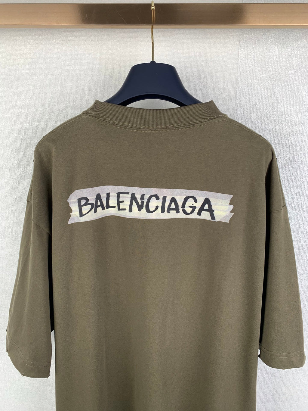 Balenciaga T-shirt in olive with back graphic logo bar over the shoulders