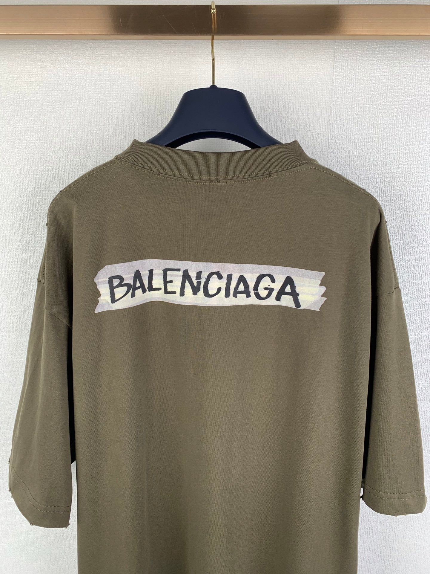 Balenciaga T-shirt in olive with back graphic logo bar over the shoulders