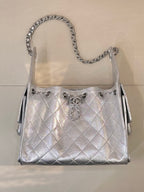Chanel quilted chain-strap shoulder bag in silver tone, front logo detail and top eyelets