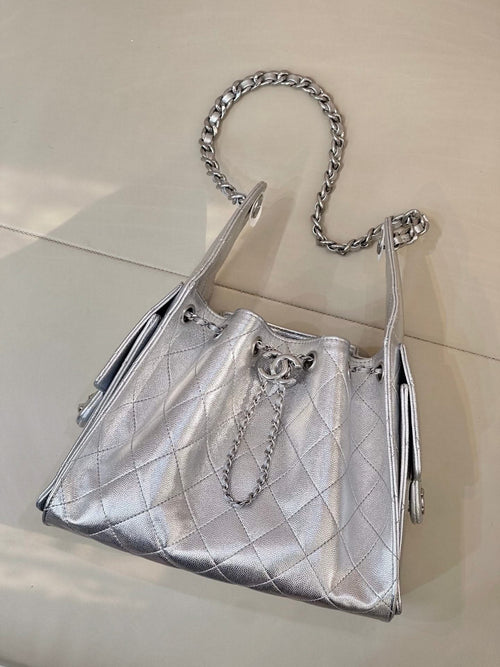 Chanel quilted chain-strap shoulder bag in silver tone, structured top with chain handle