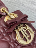 Burgundy leather mini bag with gold Dior charm and interlocking hardware detail