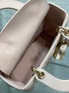 Light pink mini handbag open interior view with smooth lining and gold-tone clasp