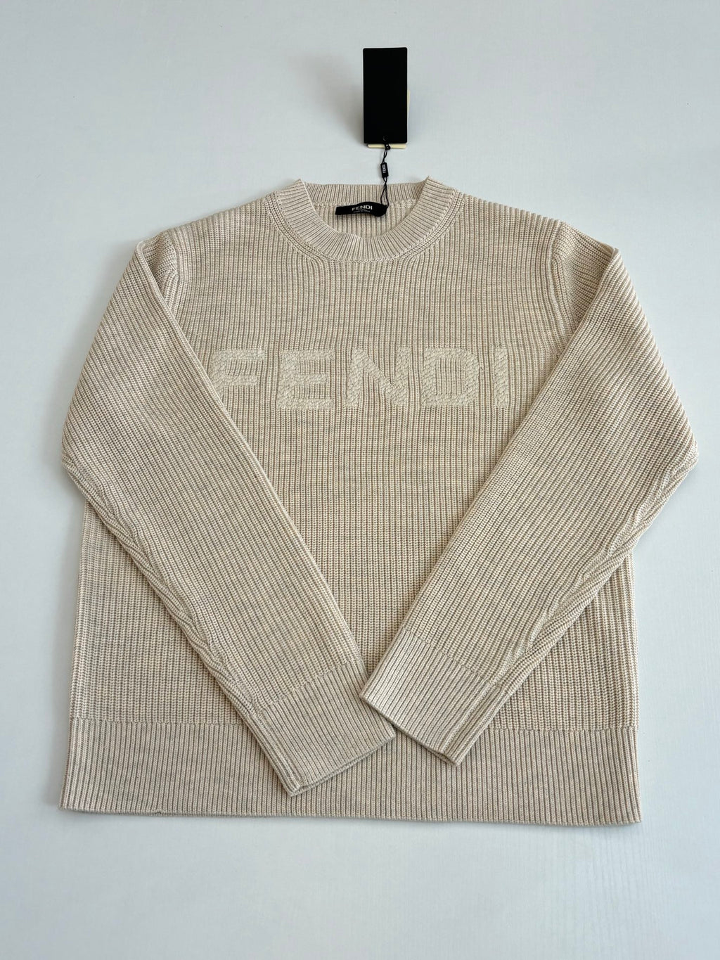 Cream Fendi crew-neck knit sweater with FENDI logo and long sleeves