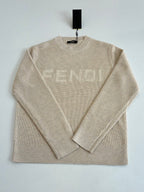 Cream Fendi crew-neck knit sweater with FENDI logo and long sleeves