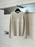 Cream Fendi crew-neck knit sweater with long sleeves and FENDI logo on front