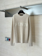 Cream Fendi crew-neck knit sweater with long sleeves and FENDI logo on front