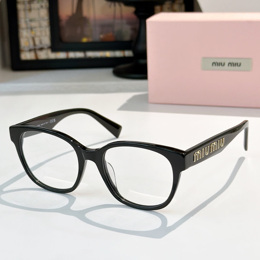 MiuMiu glasses with black frames and dark tinted lenses, front view