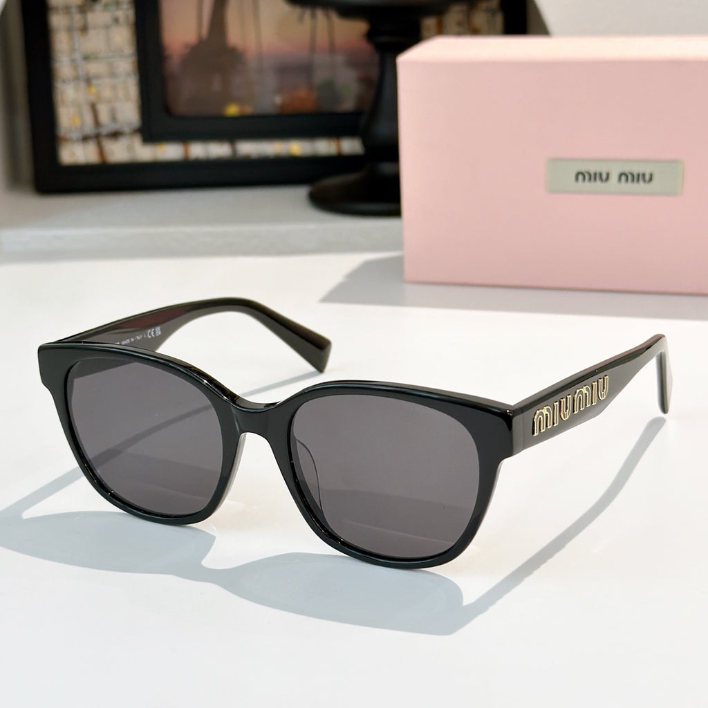 MiuMiu glasses with black frames and smoky lenses, front view