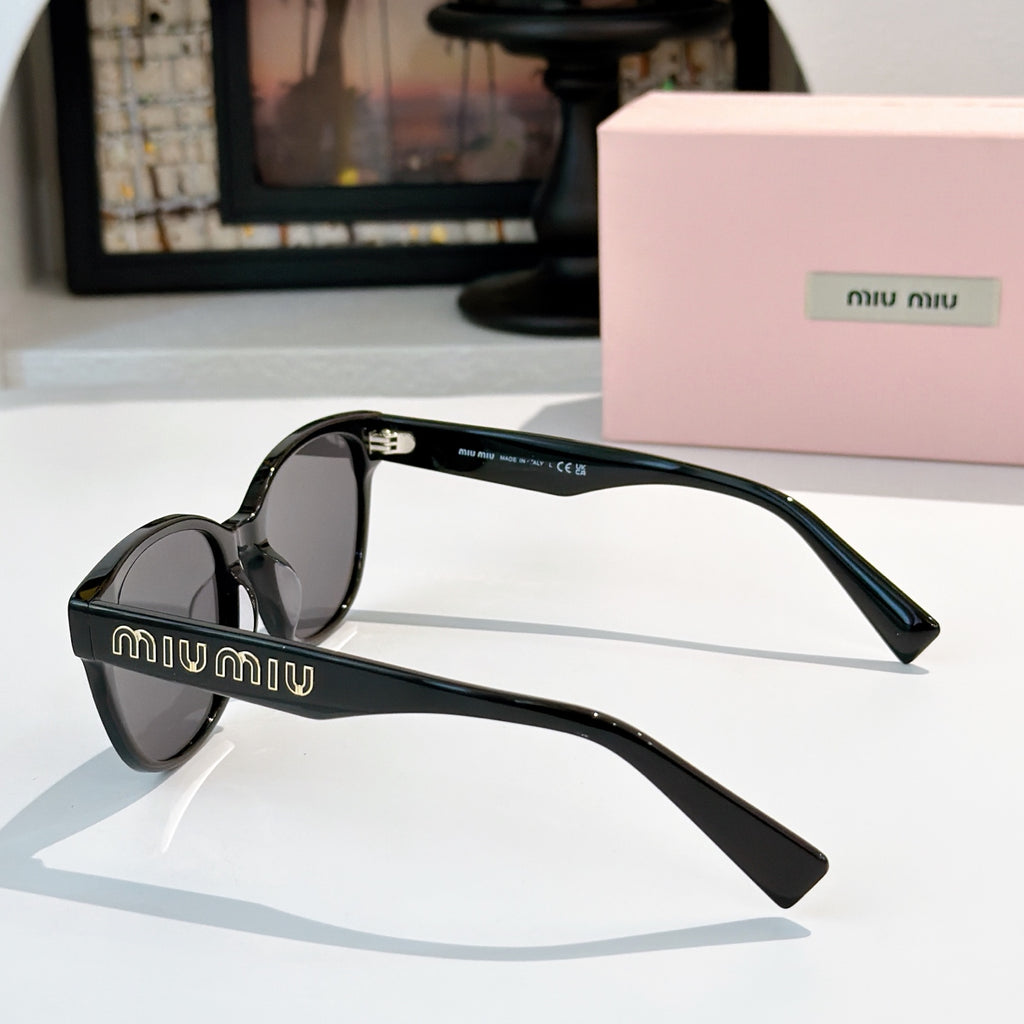 MiuMiu glasses with black frames and dark tinted lenses, side view