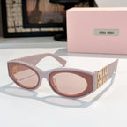 Light purple sunglasses with pink lenses and gold Miu Miu logo on the temples