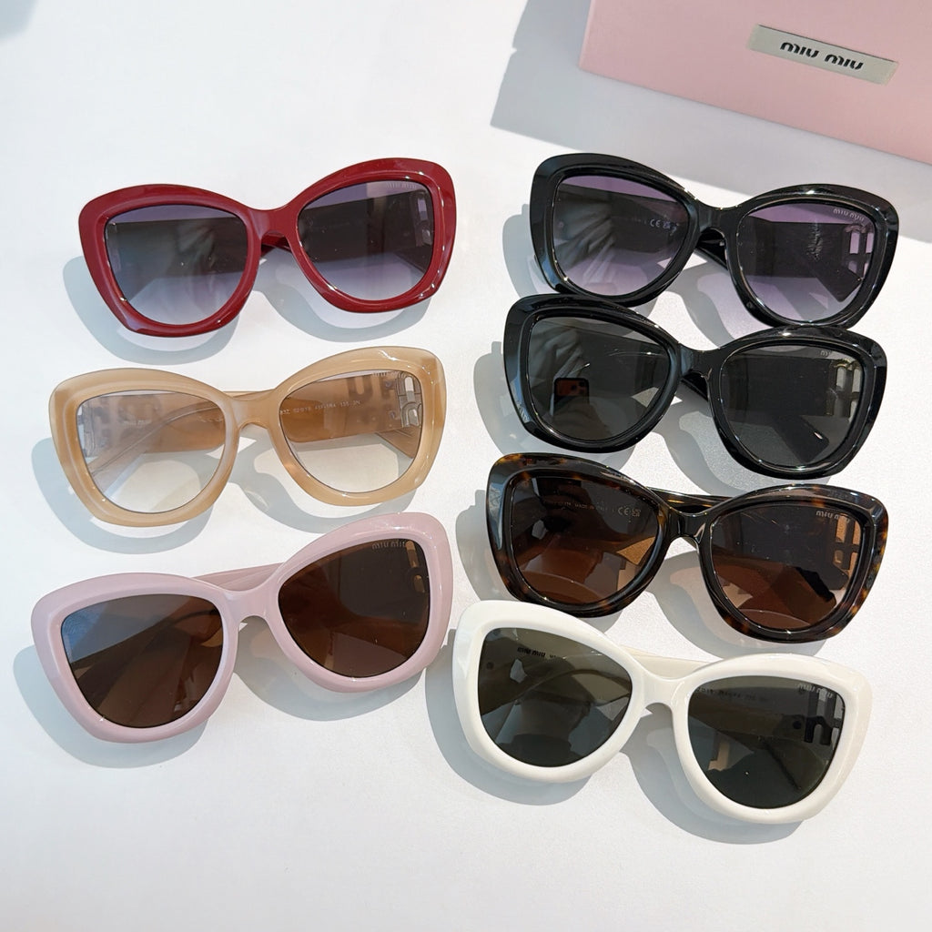 MiuMiu sunglasses assortment with red, beige, lavender, black and white frames, tinted lenses