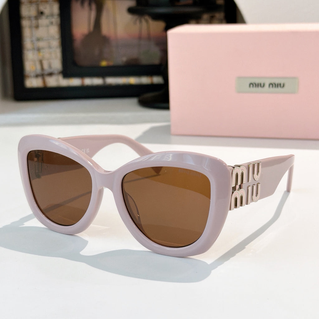 MiuMiu cat-eye sunglasses with light purple frames and brown tinted lenses, gold logo arms