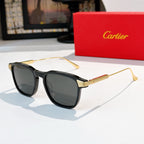 Sunglasses with black frame and dark gray lenses, gold-tone temple accents.