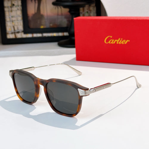 Sunglasses with tortoiseshell frame and dark lenses, slim metal arms with gold accents.