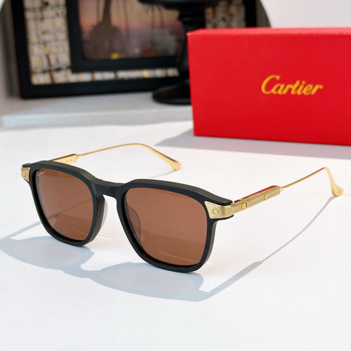Sunglasses with black frame and brown tinted lenses, gold-tone accents on temples.