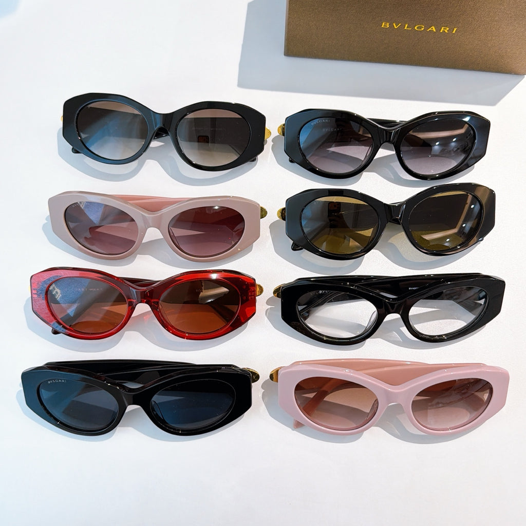 Assorted Bvlgari sunglasses in multiple colors, shown side by side