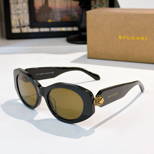 Black Bvlgari sunglasses with gold logo temple detail and yellow tinted lenses