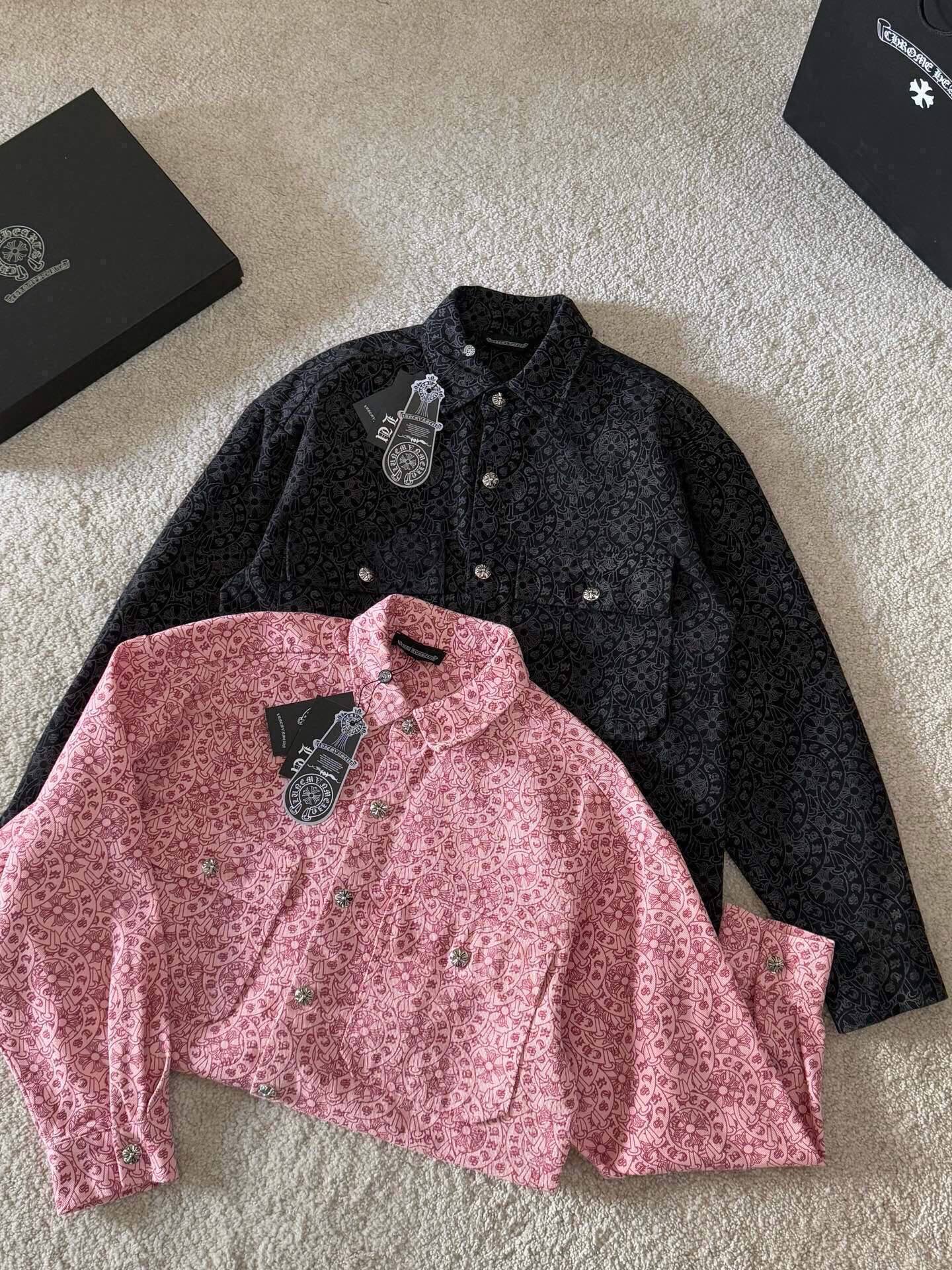 Pink and black patterned long-sleeve button-up shirts with pointed collars