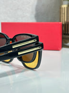 Prada sunglasses close-up of black temple with gold detailing