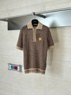 Knitted polo shirt with brown patterned knit, tan collar, button placket, logo patch