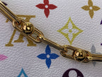 Gold-tone chain links over multicolor monogram canvas on a white Louis Vuitton bag