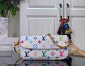 White Louis Vuitton crossbody bag with multicolor monogram pattern and gold chain strap