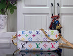 White Louis Vuitton crossbody bag with multicolor monogram pattern and gold chain strap