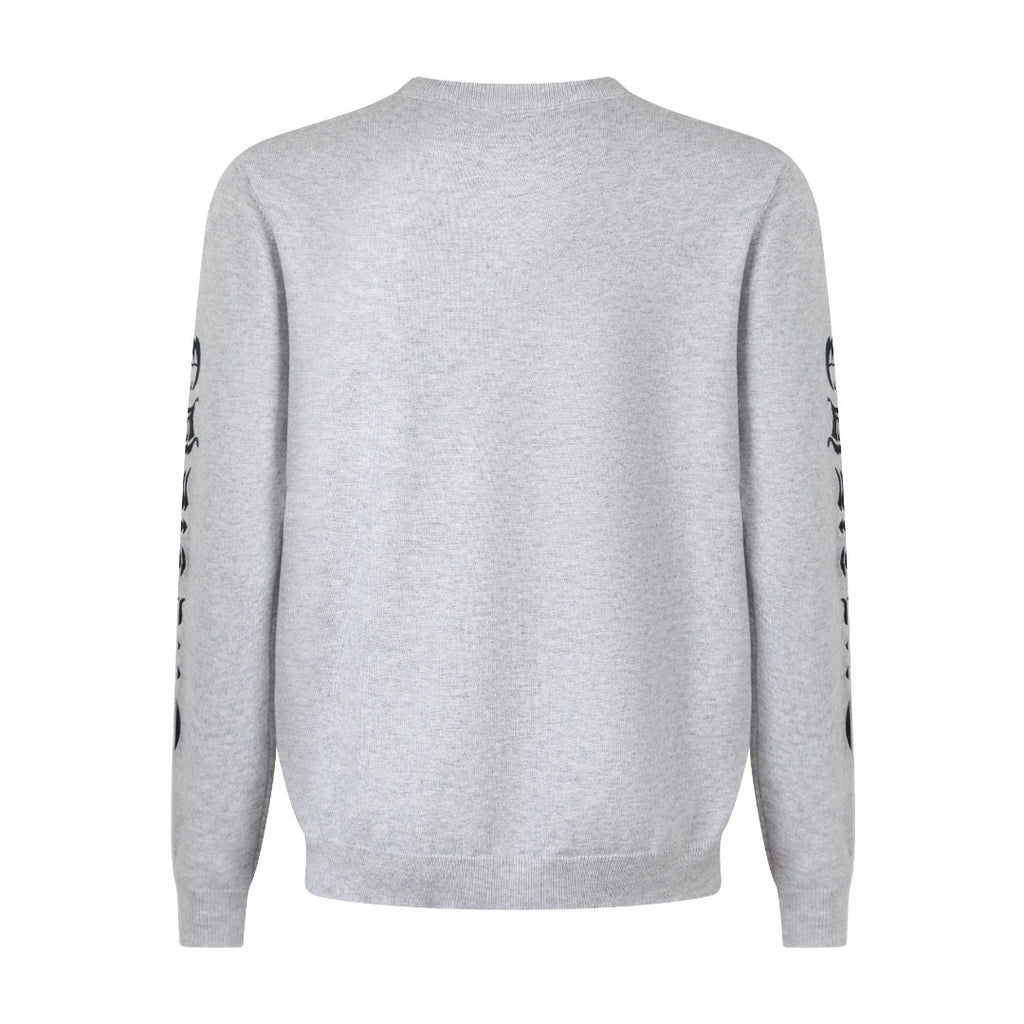Light gray long-sleeve crewneck sweatshirt, back view with black logo print on sleeves.