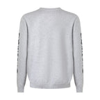 Light gray long-sleeve crewneck sweatshirt, back view with black logo print on sleeves.