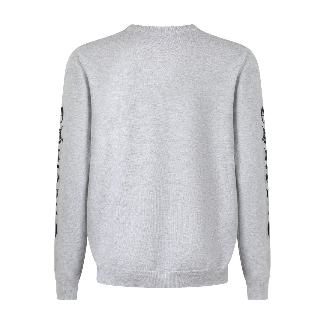 Light gray long-sleeve crewneck sweatshirt, back view with black logo print on sleeves.