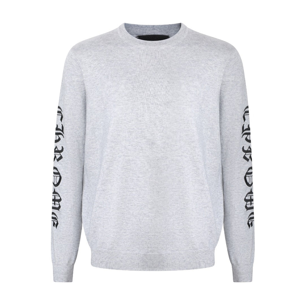 Light gray long-sleeve crewneck sweatshirt with black logo print on both sleeves.