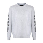 Light gray long-sleeve crewneck sweatshirt with black logo print on both sleeves.