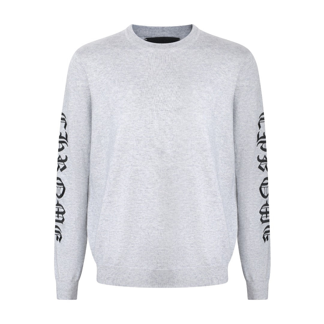 Light gray long-sleeve crewneck sweatshirt with black logo print on both sleeves.