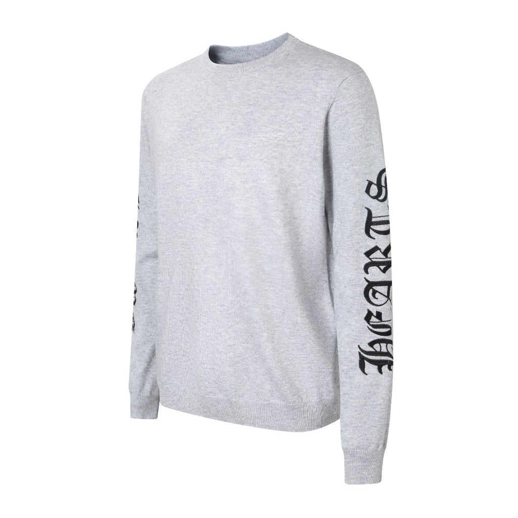 Light gray long-sleeve crewneck sweatshirt with black logo print detail on sleeve.