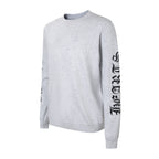 Light gray long-sleeve crewneck sweatshirt with black logo print detail on sleeve.