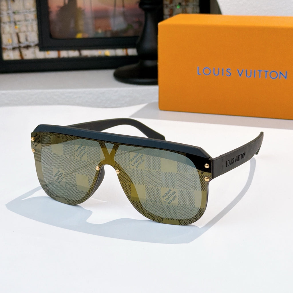 Sunglasses with olive green monogram lenses and black frame