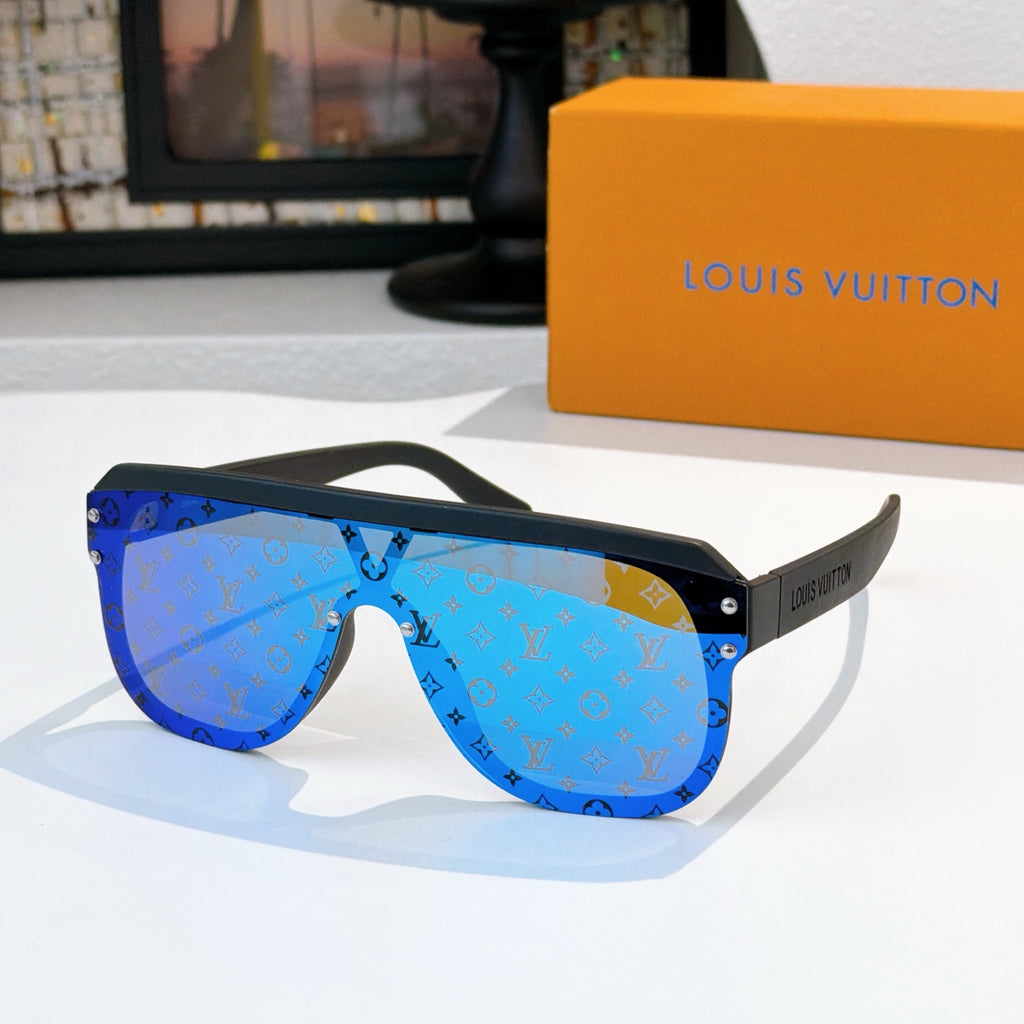 Sunglasses with bright blue allover monogram pattern and black frame