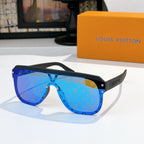 Sunglasses with bright blue allover monogram pattern and black frame