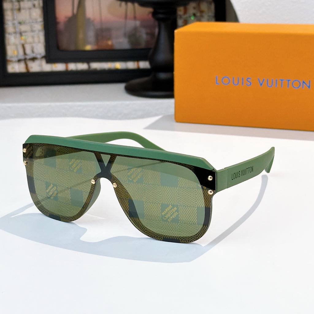 Sunglasses with green monogram pattern lenses and black frame