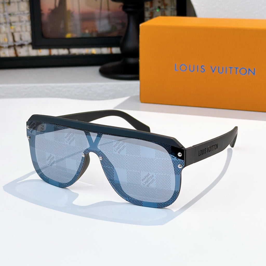 Sunglasses with light blue monogram pattern lenses and dark blue frame