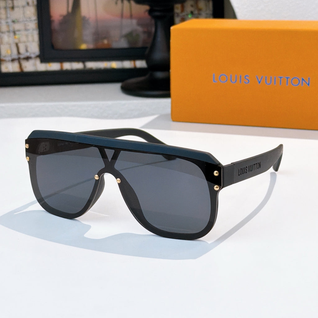 Sunglasses with black lenses, black frame, and metal accents