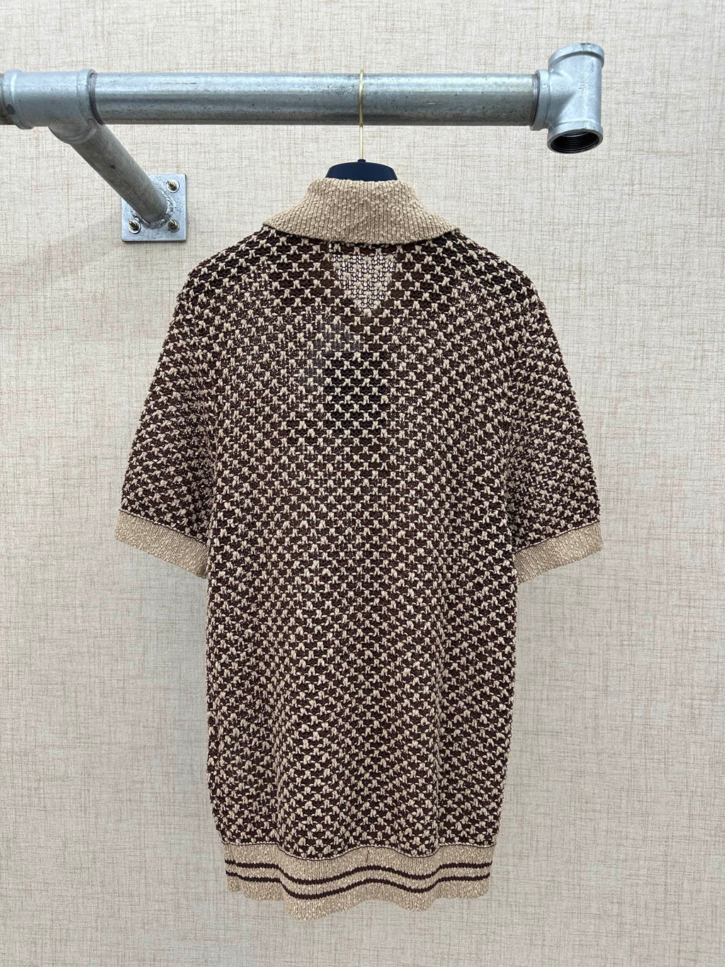 Louis Vuitton knit polo shirt, back view in brown and cream houndstooth