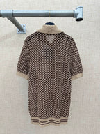 Louis Vuitton knit polo shirt, back view in brown and cream houndstooth