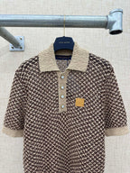 Louis Vuitton knit polo shirt with tan collar and button placket, houndstooth